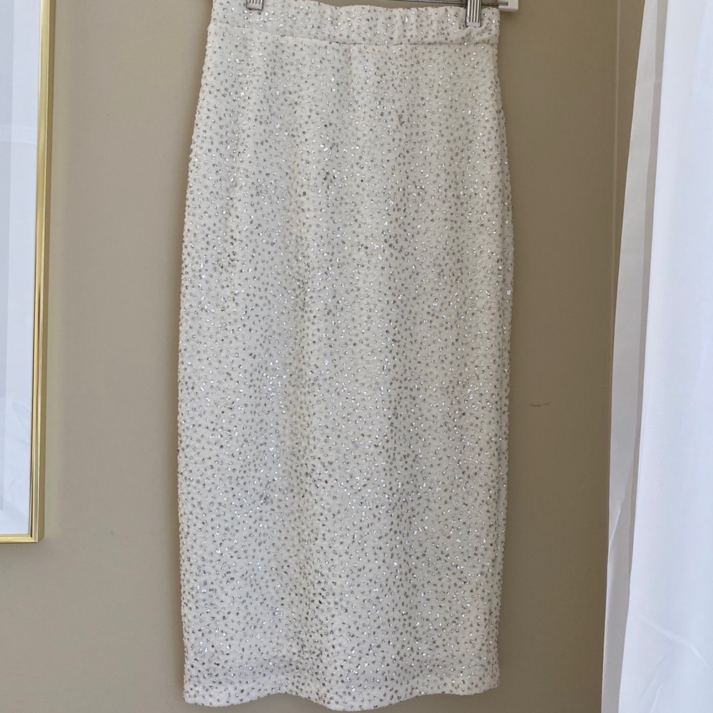 White and Silver Metallic Midi Skirt